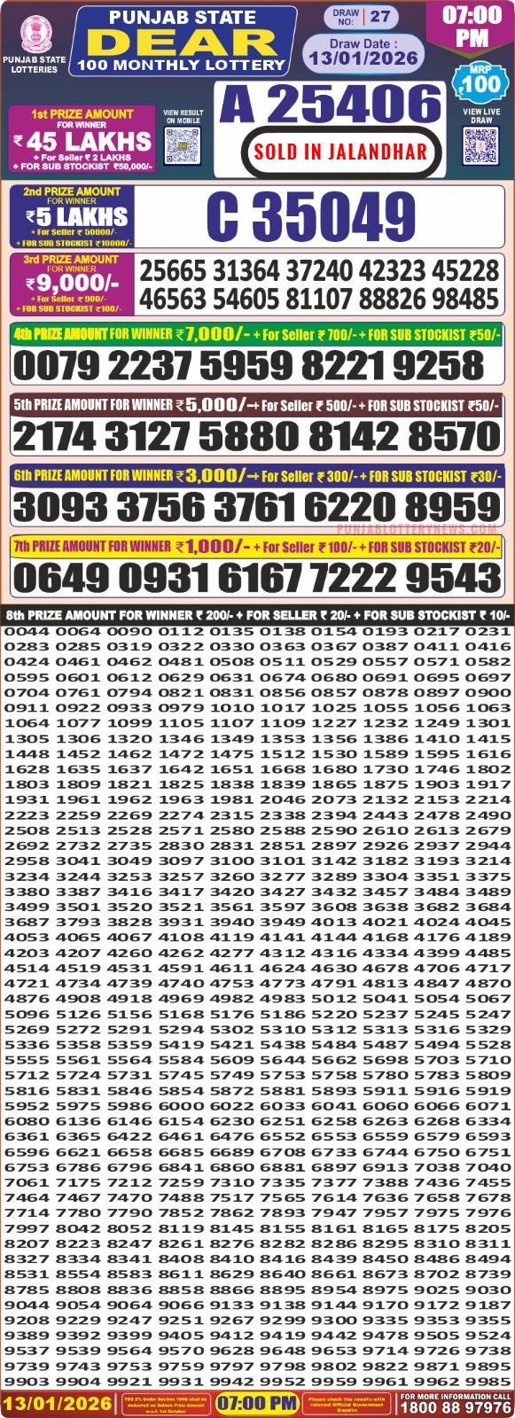 Punjab State Lottery Dear 100 Monthly Result Today